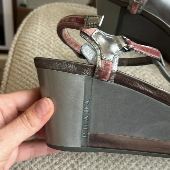 PRADA Metallic & Velvet Wedge Sandals - Picture 3 of 10